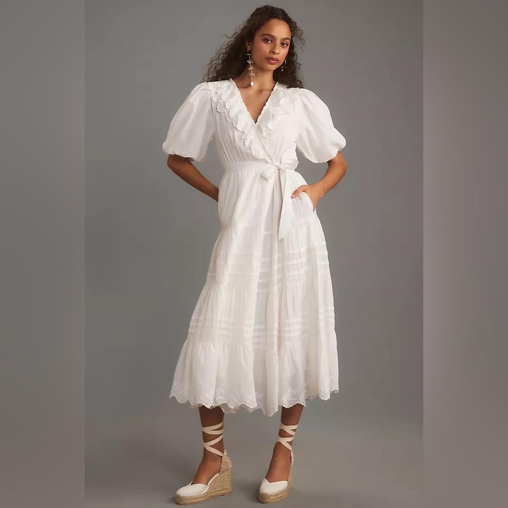 Anthropologie Love the Label Tiered Wrap White Ruffle Maxi Dress
